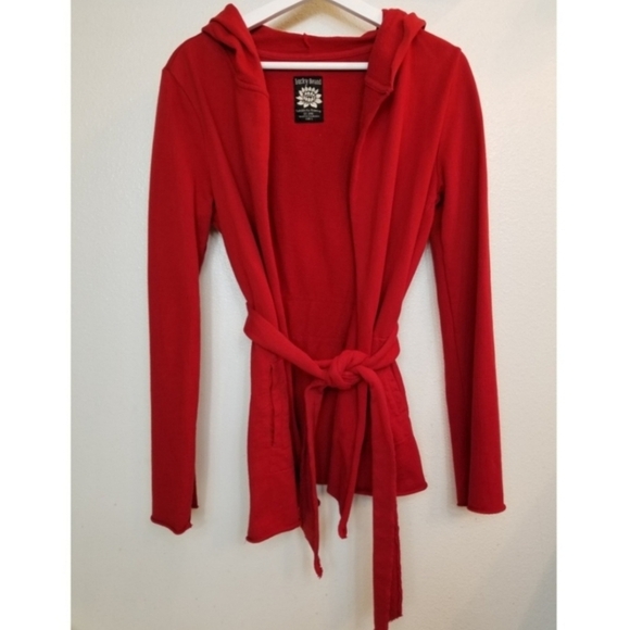 Lucky Brand Red Hooded Sweatshirt Cardigan 100% Cotton Women's Small S Tie Front - Picture 2 of 6